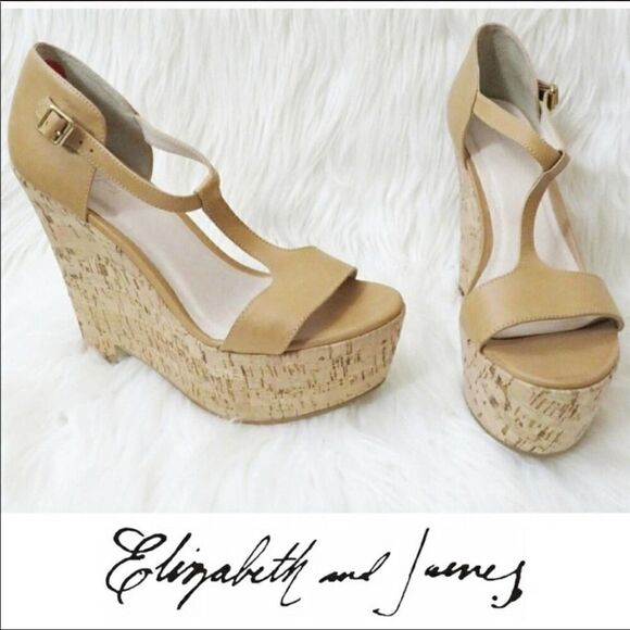 Elizabeth & James Tan Platform Wedge Leather Cork T-strap Sandals - Picture 1 of 8